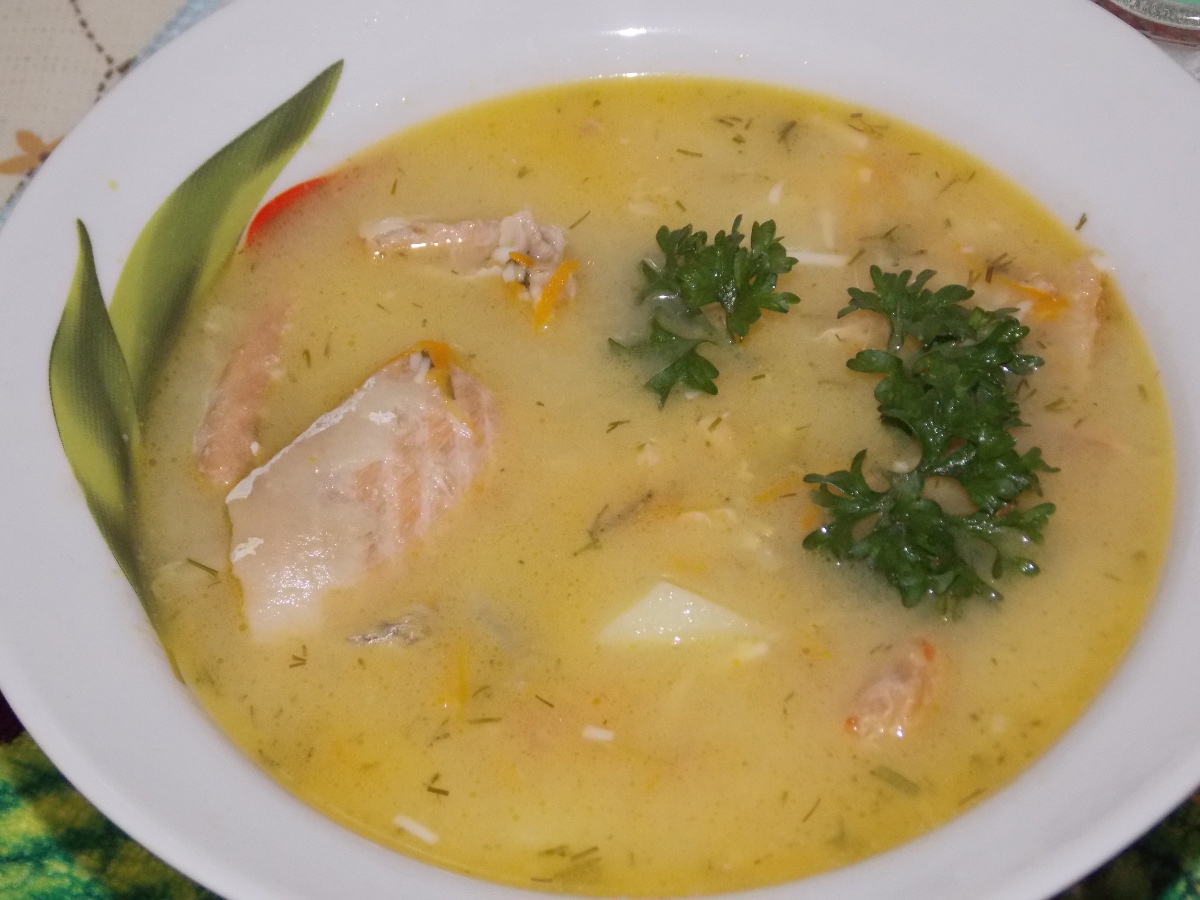 Рыбный суп со шпинатом и плавленым сыром